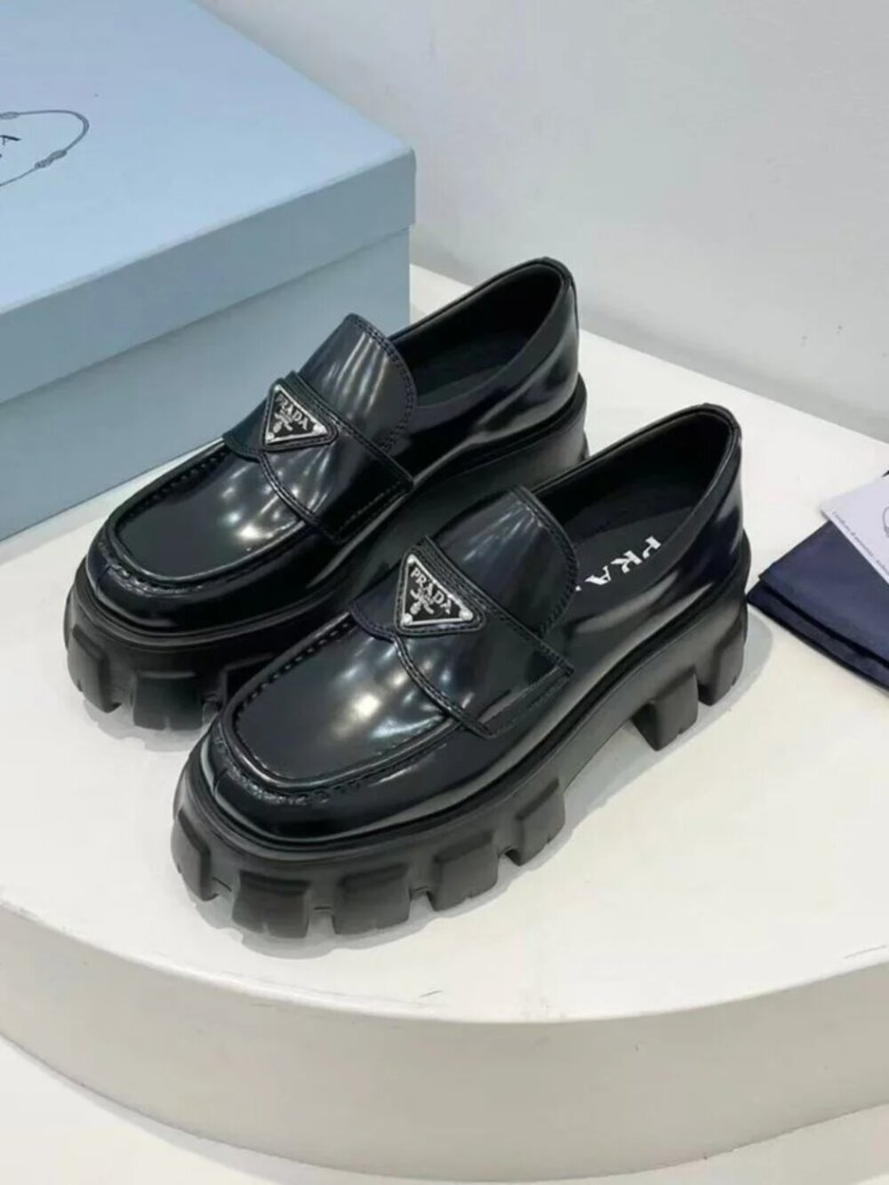 Prada Monolith Black Patent Leather Platform Loafers Triangle Logo